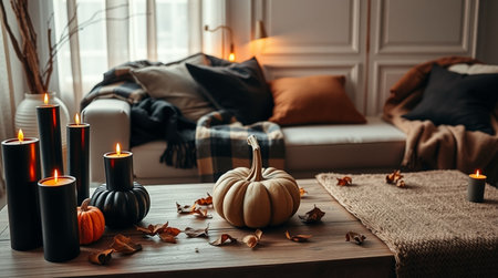 Autumn still life with pumpkins and candles in cozy living roomの写真素材
