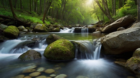 Beautiful waterfall in the green forest. Long exposure. Soft focus.