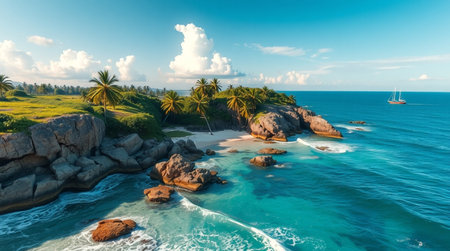 Aerial view of beautiful beach with palm trees and rocks in Seychellesの写真素材
