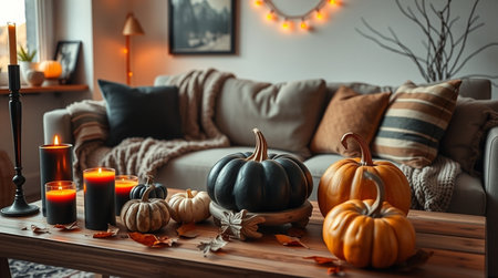 Beautiful autumn composition with pumpkins and candles on table in roomの写真素材