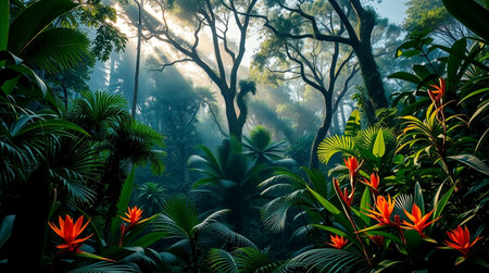 Tropical forest with sunlight and flowers in morning, nature backgroundの写真素材