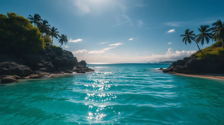 Tropical beach with palm trees and turquoise water, Seychellesの写真素材