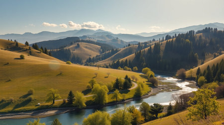 Beautiful panoramic view of the mountains and the river.の写真素材
