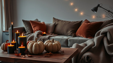 Cozy living room with burning candles, pumpkins and plaidの写真素材