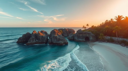 Aerial view of beautiful tropical beach with granite boulders at sunsetの写真素材