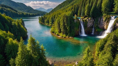 Aerial view of beautiful lake and waterfall in the mountains. Top view.
