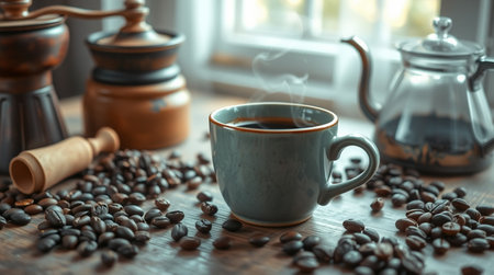 Coffee in a cup and saucer on a wooden backgroundの写真素材