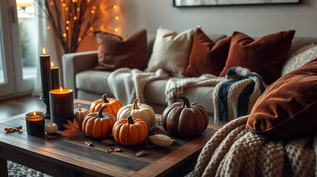 Cozy living room with pumpkins, candles and knitted plaidの写真素材