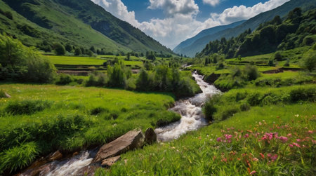 Panoramic view of mountain river in Caucasus mountains in summer dayの写真素材