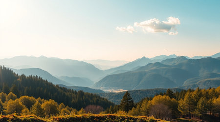 Mountain landscape with coniferous forest at sunrise in autumn.の写真素材
