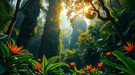 Beautiful tropical forest with sunlight and flowers in the morning. Nature backgroundの写真素材