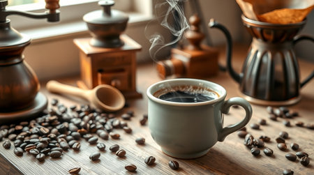 Coffee cup and coffee beans on a wooden table. Coffee backgroundの写真素材