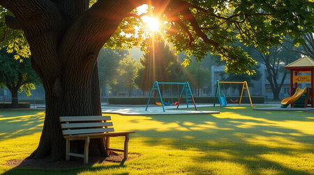 Empty bench and playground in the park at sunset. 3d renderingの写真素材