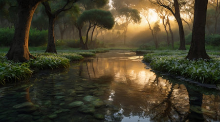 Sunrise in the park with a small stream in the foreground.の写真素材