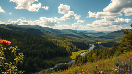 Panoramic view of the valley in the Carpathian Mountainsの写真素材