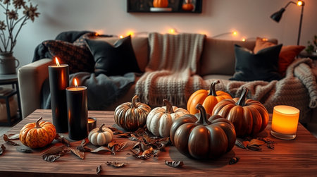 Decorative pumpkins and burning candles on wooden table in living roomの写真素材