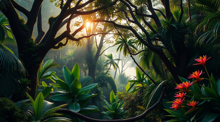 Beautiful tropical rainforest at sunrise. Exotic jungle landscape.の写真素材