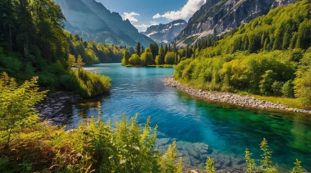 Panoramic view of turquoise colored lake in the Swiss Alps