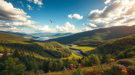 Panoramic view of the mountain lake in the Carpathians, Ukraineの写真素材