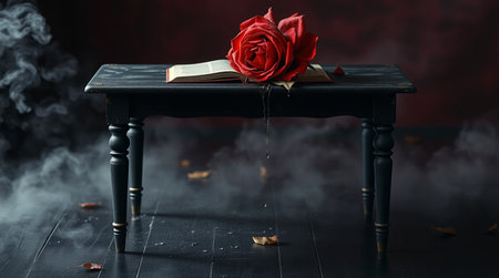 Red rose on a black table with a book and smoke on a dark backgroundの写真素材