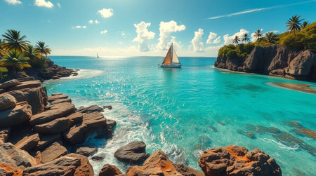 Panoramic view of tropical beach with palm trees and sailboatの写真素材