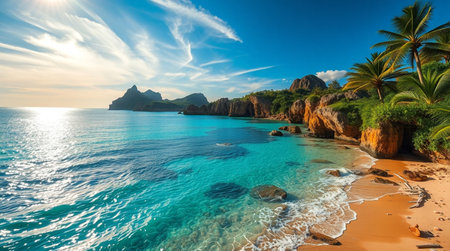 Tropical beach with turquoise water, palm trees and rocks at sunsetの写真素材