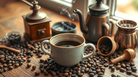 Coffee cup and coffee beans on a wooden table in the morningの写真素材