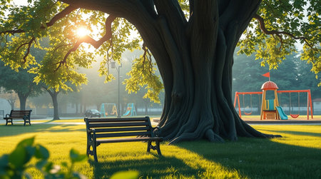 Empty bench in the park at sunset. 3d rendering illustration.の写真素材