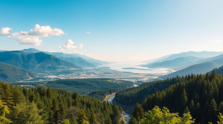 Panoramic view of the mountains and the river on a sunny dayの写真素材