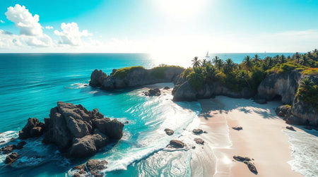 Aerial view of beautiful beach with turquoise water, rocks and palm trees. Drone photography.の写真素材