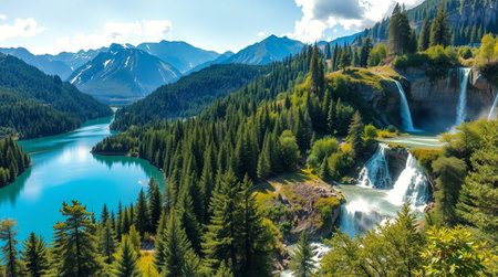 Panoramic view of the turquoise water of the lake in the mountainsの写真素材