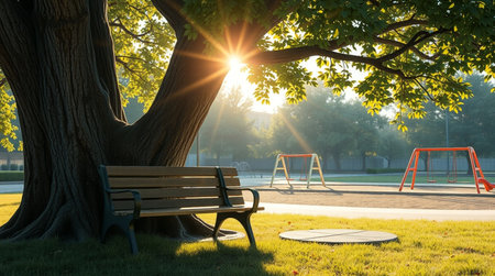 Bench under the tree in the park at sunset. 3d renderingの写真素材