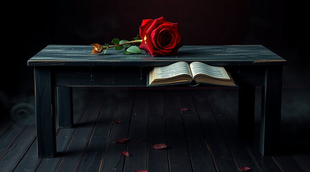 Red rose on a wooden table with an open book on a dark backgroundの写真素材