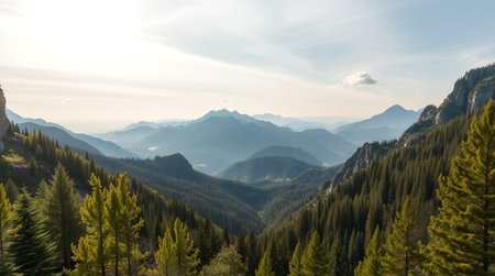 Mountain landscape with coniferous forest and high peaks at sunsetの写真素材