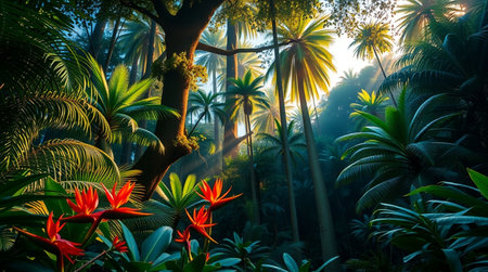 Beautiful tropical forest with flowers and sun rays in the morning.の写真素材