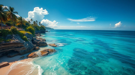 Panoramic view of beautiful tropical beach at Seychellesの写真素材