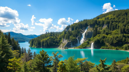 Panoramic view of a national park with lakes and waterfallsの写真素材