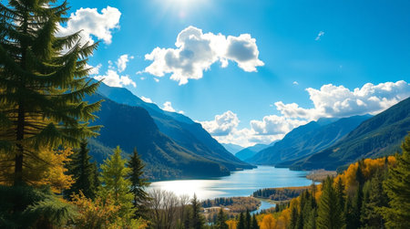 Mountain lake. Panoramic view of the lake and forest.の写真素材