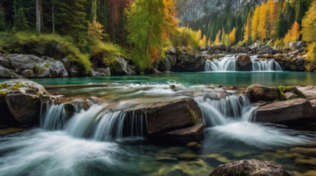 Beautiful view of a mountain river with a waterfall in the background