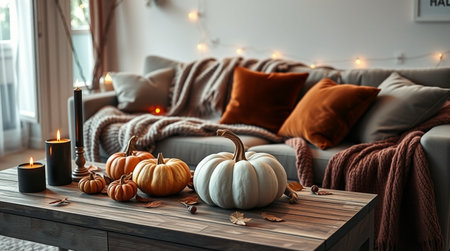 Stylish living room interior with pumpkins, burning candles and plaidの写真素材
