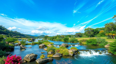 Landscape view of small waterfall in tropical garden with blue sky backgroundの写真素材