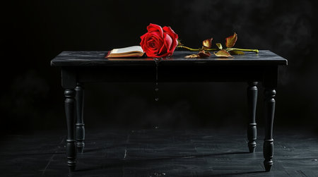 Red rose on a black wooden table in a dark room with smoke