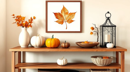 Wooden shelf with pumpkins and autumn leaves in the living roomの写真素材