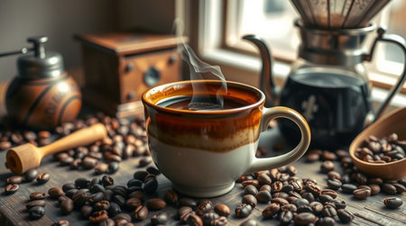 Coffee in a cup on an old background. selective focusの写真素材