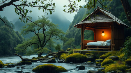 Wooden bungalow on the bank of a mountain river.の写真素材