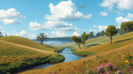 Beautiful spring landscape with a river and a blue sky with clouds