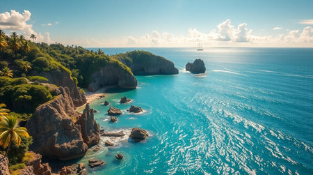 Aerial view of beautiful beach with turquoise water and rocks