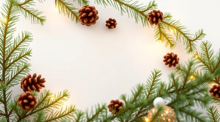 Christmas and New Year background with fir branches, pine cones and garlands.の写真素材