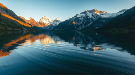 Mountain lake with reflection of snow-capped peaks at sunrise.の写真素材
