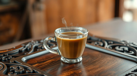 Coffee cup on wooden table in coffee shop, stock photo